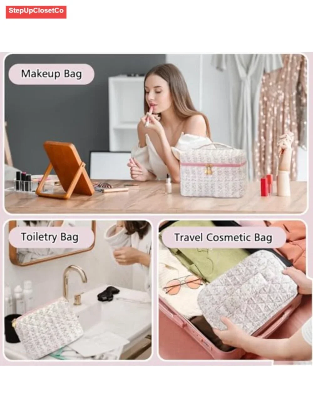 Quilted Floral Makeup Bag Set 3pc Pink Cosmetic Travel Toiletry Organizer